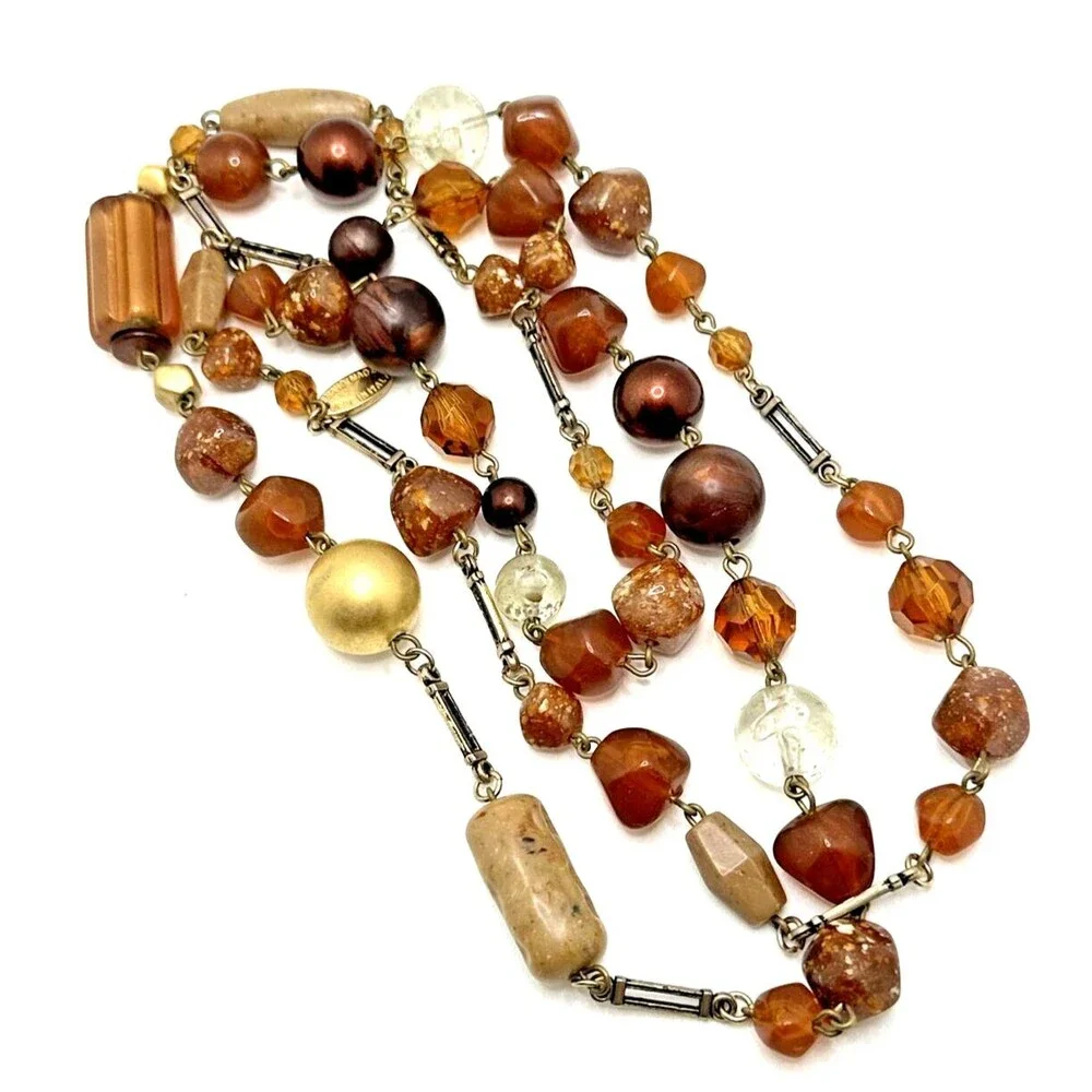 Vintage EXPRESS Necklace Amber Brown Faux Stone Statement 50” Made In Italy Long